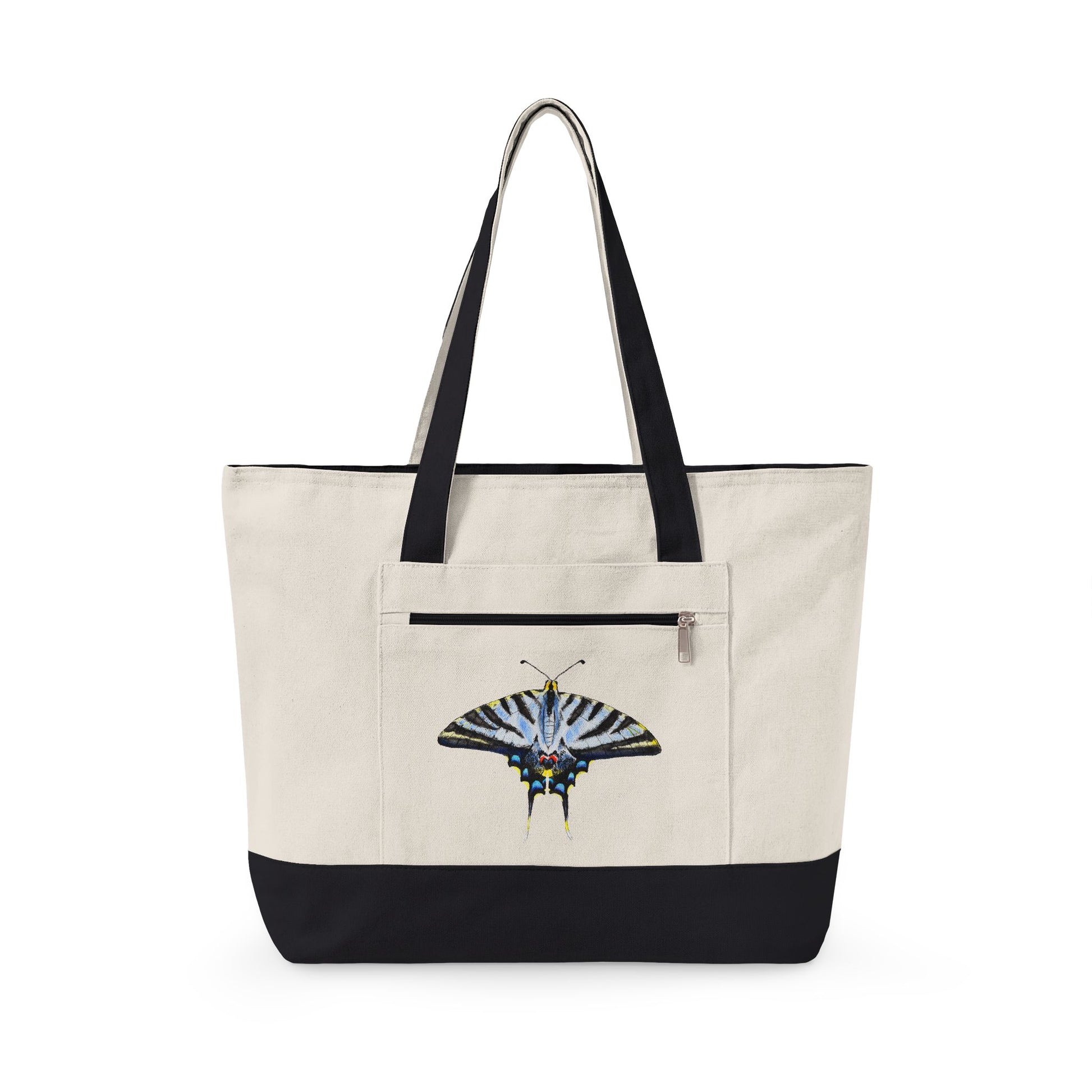 Light Blue Swallowtail Butterfly Watercolor Printed Zippered Canvas Tote 18" x 14" | Various Colors 18" x 14" x 4.5" Natural Black