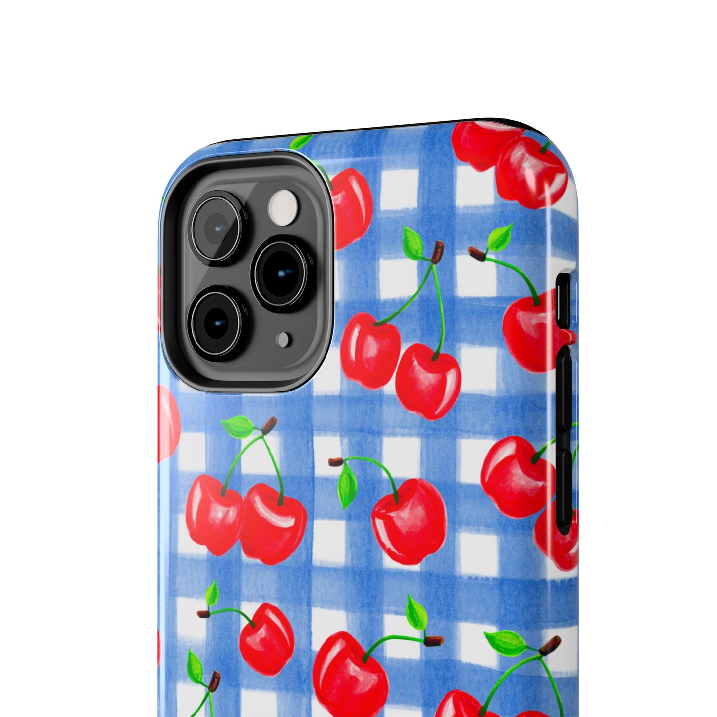 Tossed Red Watercolor Illustrated Cherries Light Blue Gingham Tough Phone Case | Various Models