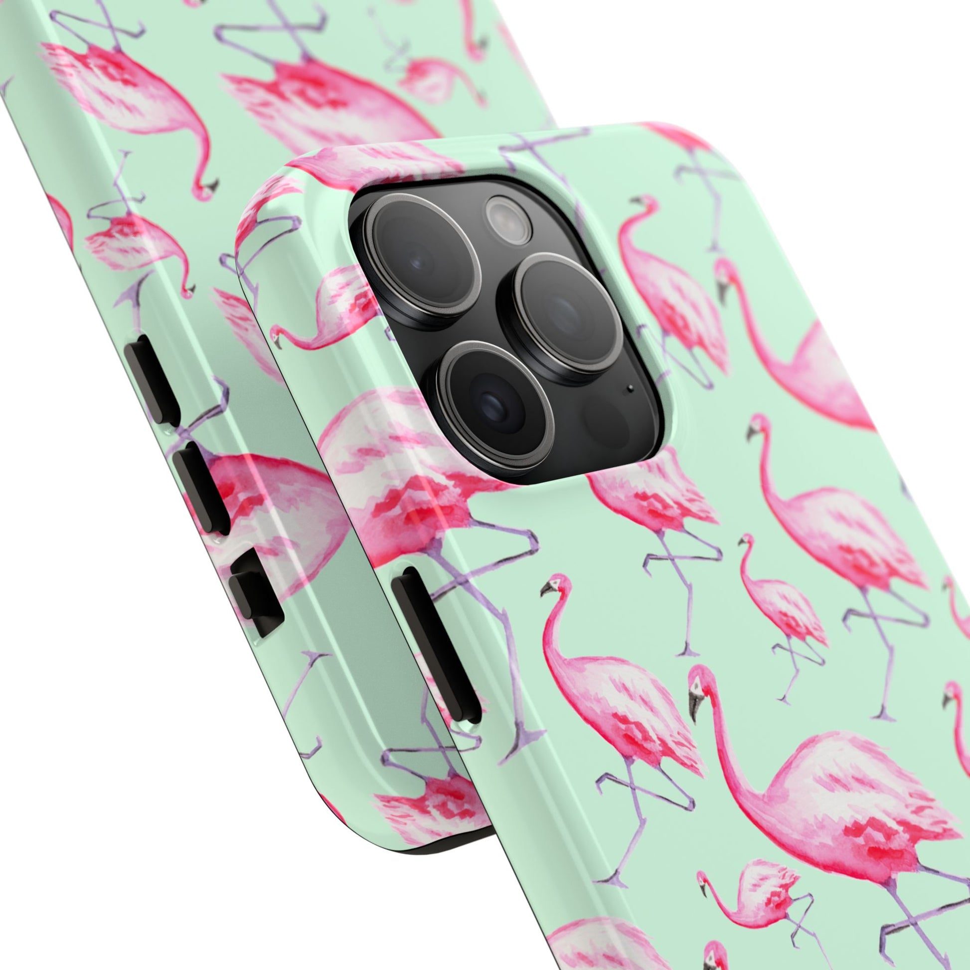 Pink Flamingos Watercolor Illustrated Tossed Pattern Green Phone Case | Various Models