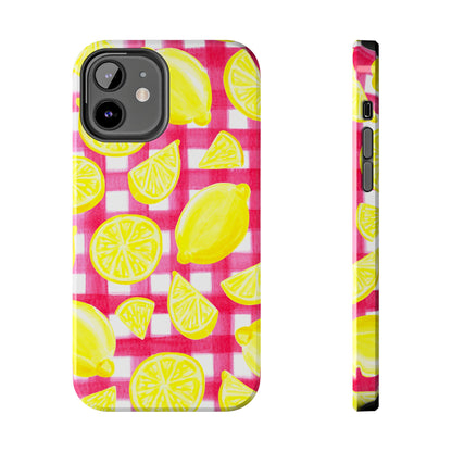 Yellow Lemons & Hot Pink Gingham Watercolor Illustrated Tough Phone Case | Various Models Available