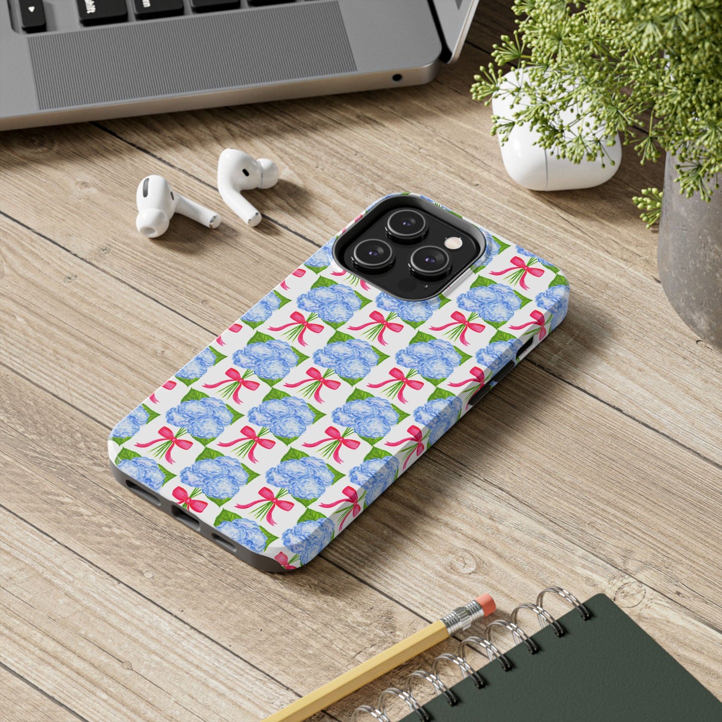 Blue Watercolor Hydrangea Bouquets with Hot Pink Bows Illustrated Patterned Tough Phone Case | Various Models