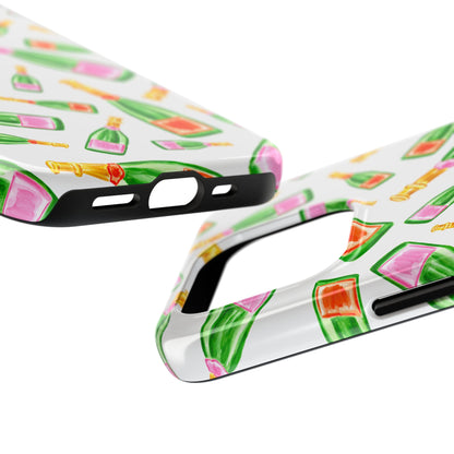 Tossed Pink and Green & Orange and Green Watercolor Illustrated Champagne Bottles Pattern Tough Phone Case | Various Models