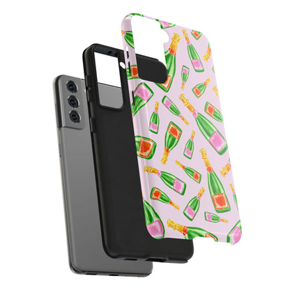 Tossed Pink and Green & Orange and Green Watercolor Illustrated Champagne Bottles Pattern Blush Pink Tough Phone Case | Various Models