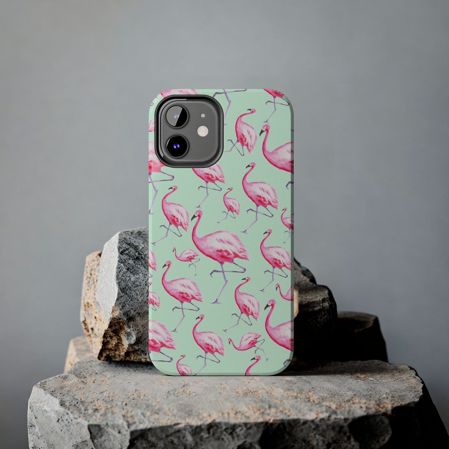 Pink Flamingos Watercolor Illustrated Tossed Pattern Green Phone Case | Various Models