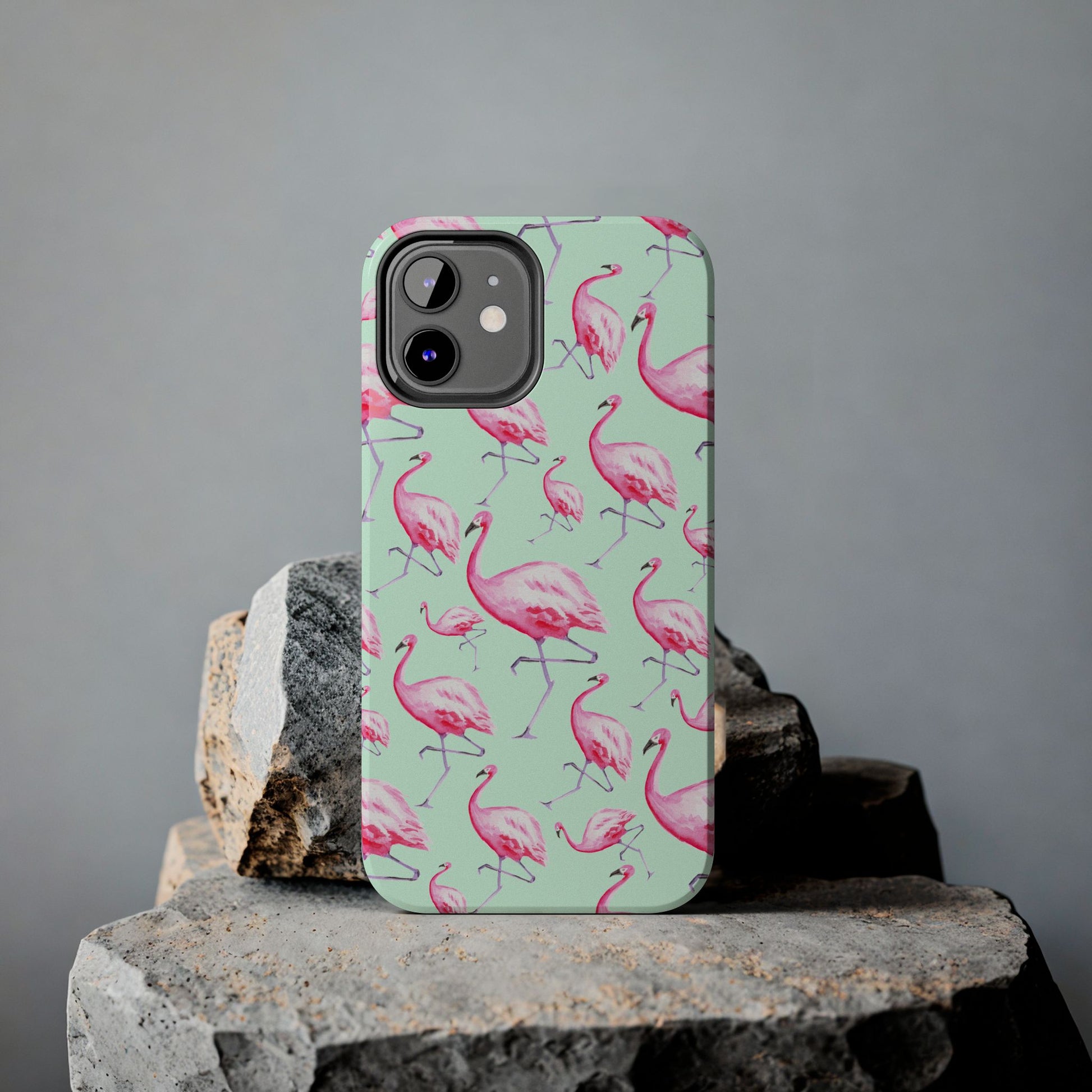 Pink Flamingos Watercolor Illustrated Tossed Pattern Green Phone Case | Various Models
