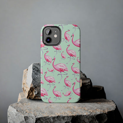 Pink Flamingos Watercolor Illustrated Tossed Pattern Green Phone Case | Various Models