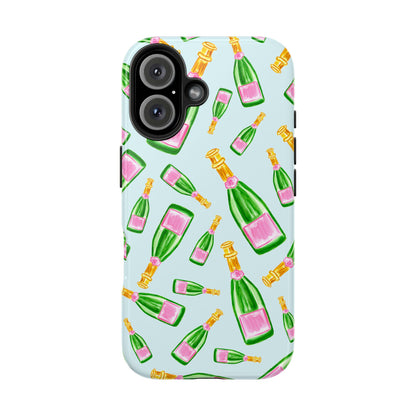 Tossed Pink and Green Watercolor Illustrated Champagne Bottles Pattern Light Blue Tough Phone Case | Various Models