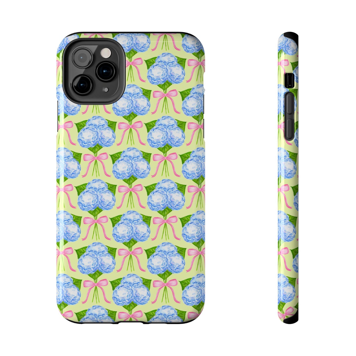 Blue Watercolor Hydrangea Bouquets with Light Pink Bows Watercolor Illustrated Patterned Yellow Tough Phone Case | Various Models