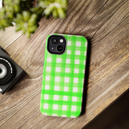 Lime Green Gingham Watercolor Illustrated Tough Phone Case | Various Models Available
