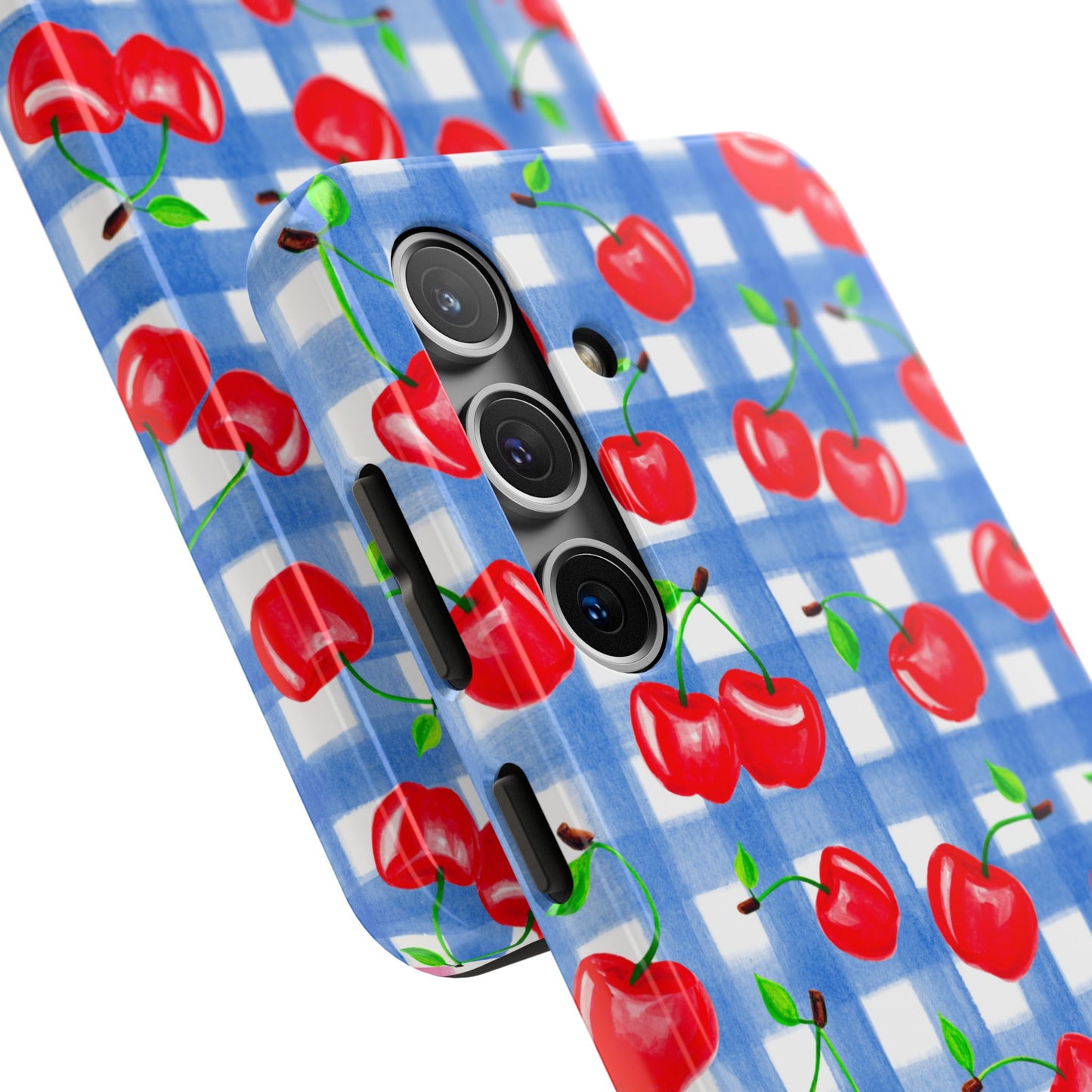 Tossed Red Watercolor Illustrated Cherries Light Blue Gingham Tough Phone Case | Various Models