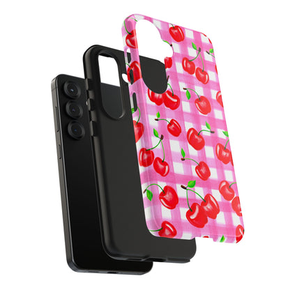 Tossed Red Watercolor Cherries Illustrated Pattern Light Pink Gingham Tough Phone Case | Various Models
