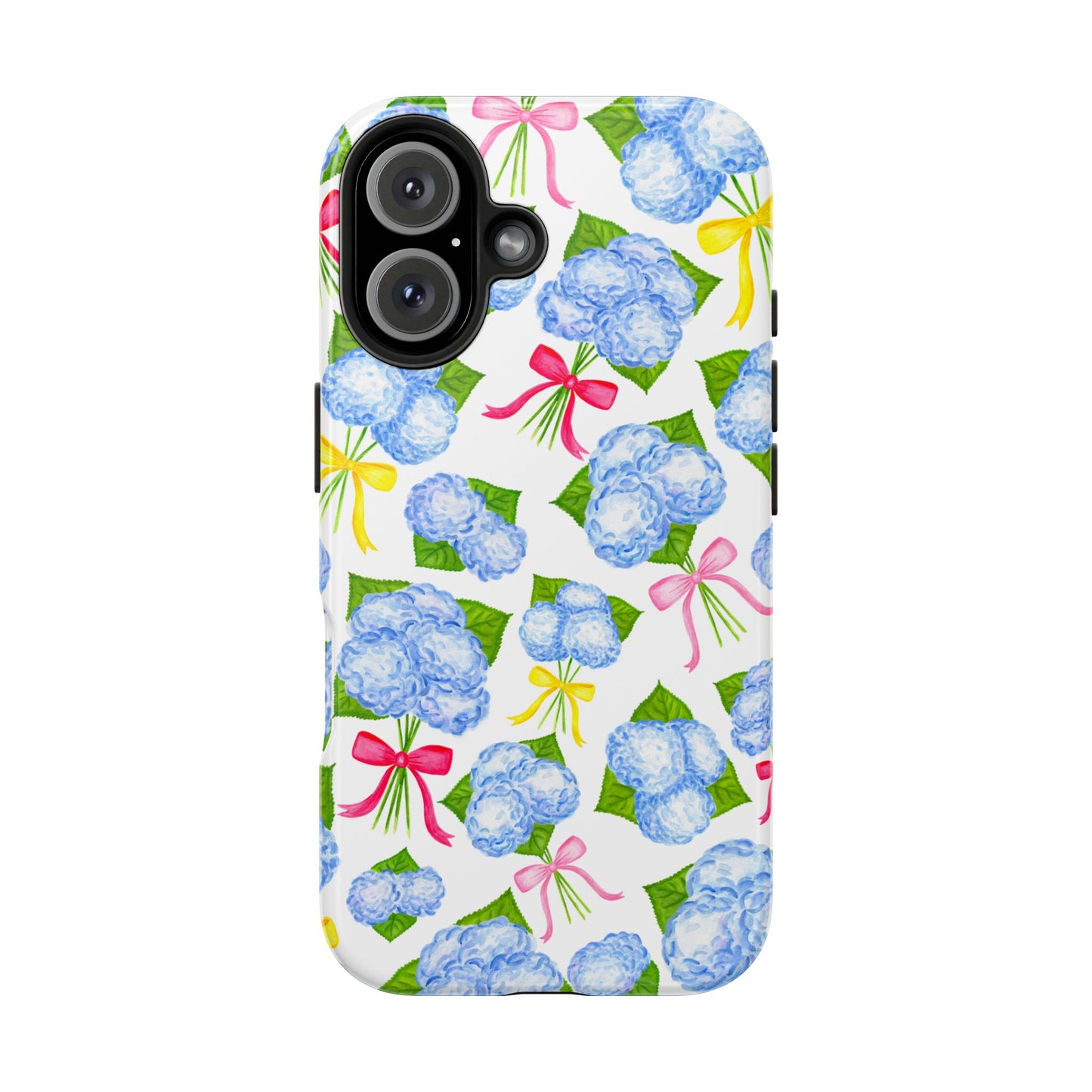 Blue Watercolor Hydrangea Bunches with Hot Pink, Yellow, Light Pink Bows Illustrated Patterned Tough Phone Case | Various Models