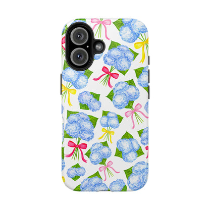 Blue Watercolor Hydrangea Bunches with Hot Pink, Yellow, Light Pink Bows Illustrated Patterned Tough Phone Case | Various Models