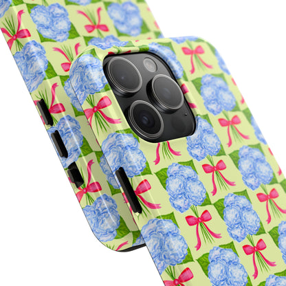 Blue Watercolor Hydrangea Bouquets with Hot Pink Bows Illustrated Patterned Yellow Preppy Grand Millenial Tough Phone Case | Various Models