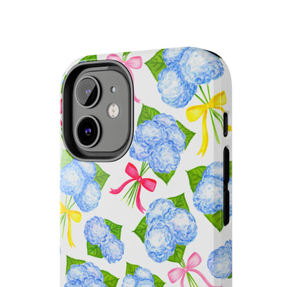 Blue Watercolor Hydrangea Bunches with Hot Pink, Yellow, Light Pink Bows Illustrated Patterned Tough Phone Case | Various Models