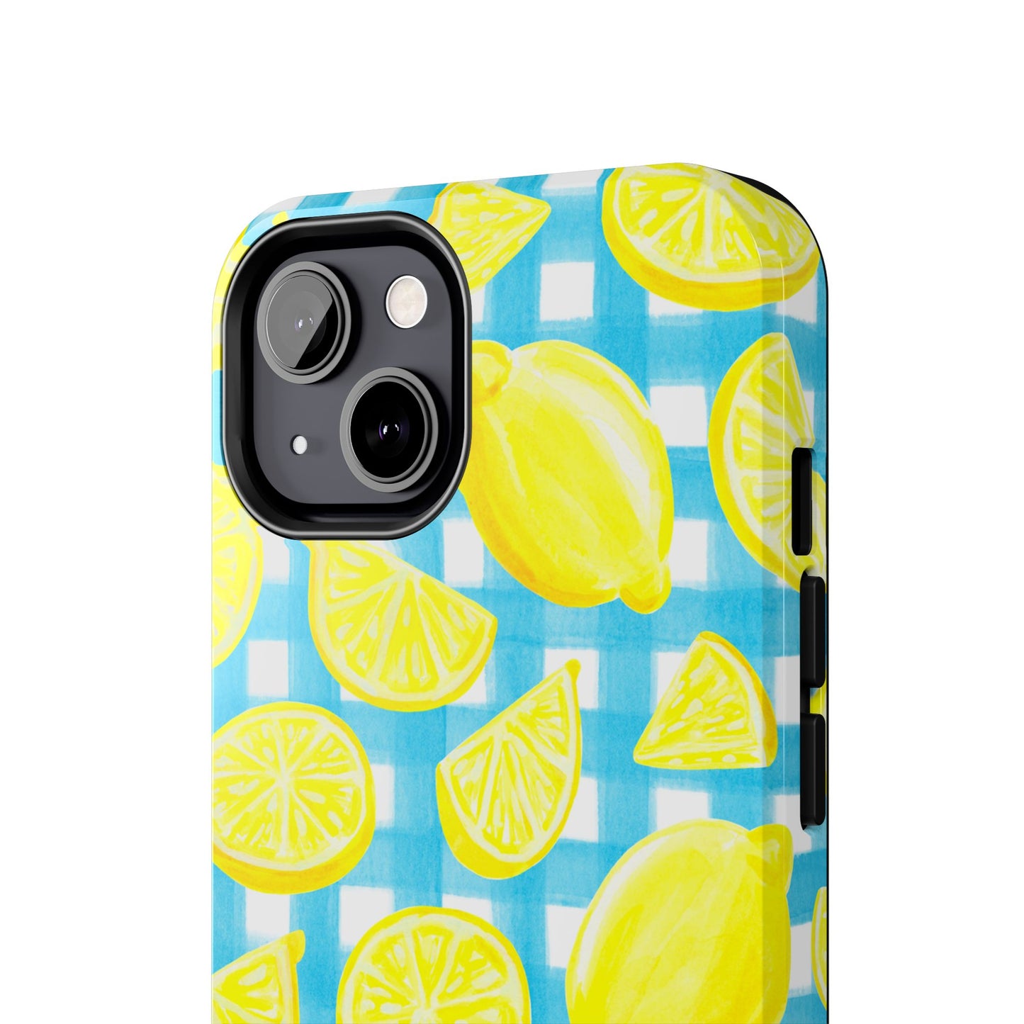 Bright Yellow Lemons Watercolor Illustrated Tossed Pattern Turquoise Gingham Tough Phone Case | Various Models