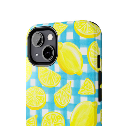 Bright Yellow Lemons Watercolor Illustrated Tossed Pattern Turquoise Gingham Tough Phone Case | Various Models