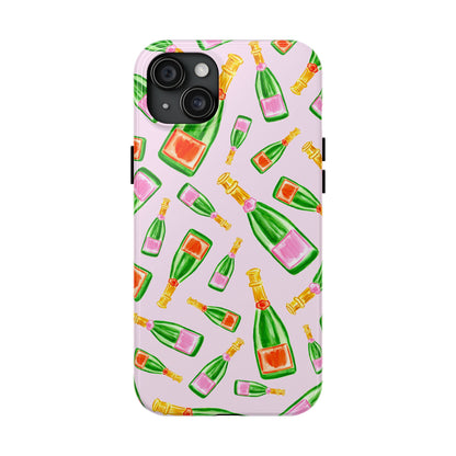 Tossed Pink and Green & Orange and Green Watercolor Illustrated Champagne Bottles Pattern Blush Pink Tough Phone Case | Various Models