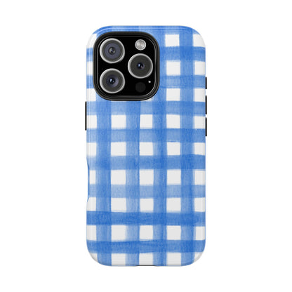 Blue Gingham Watercolor Preppy Tough Phone Case | Various models iPhone 16 Pro