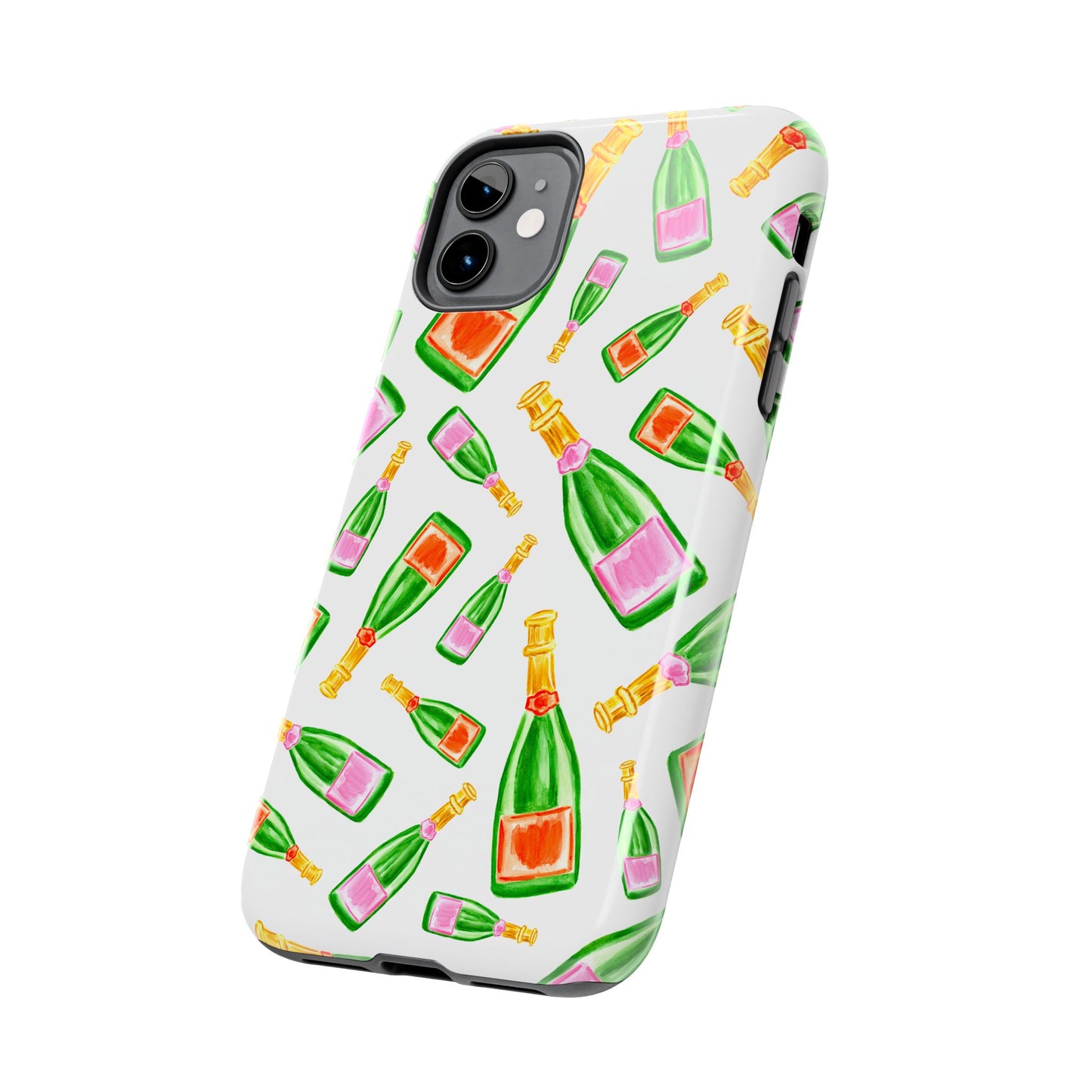 Tossed Pink and Green & Orange and Green Watercolor Illustrated Champagne Bottles Pattern Tough Phone Case | Various Models