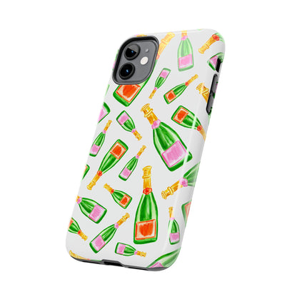 Tossed Pink and Green & Orange and Green Watercolor Illustrated Champagne Bottles Pattern Tough Phone Case | Various Models
