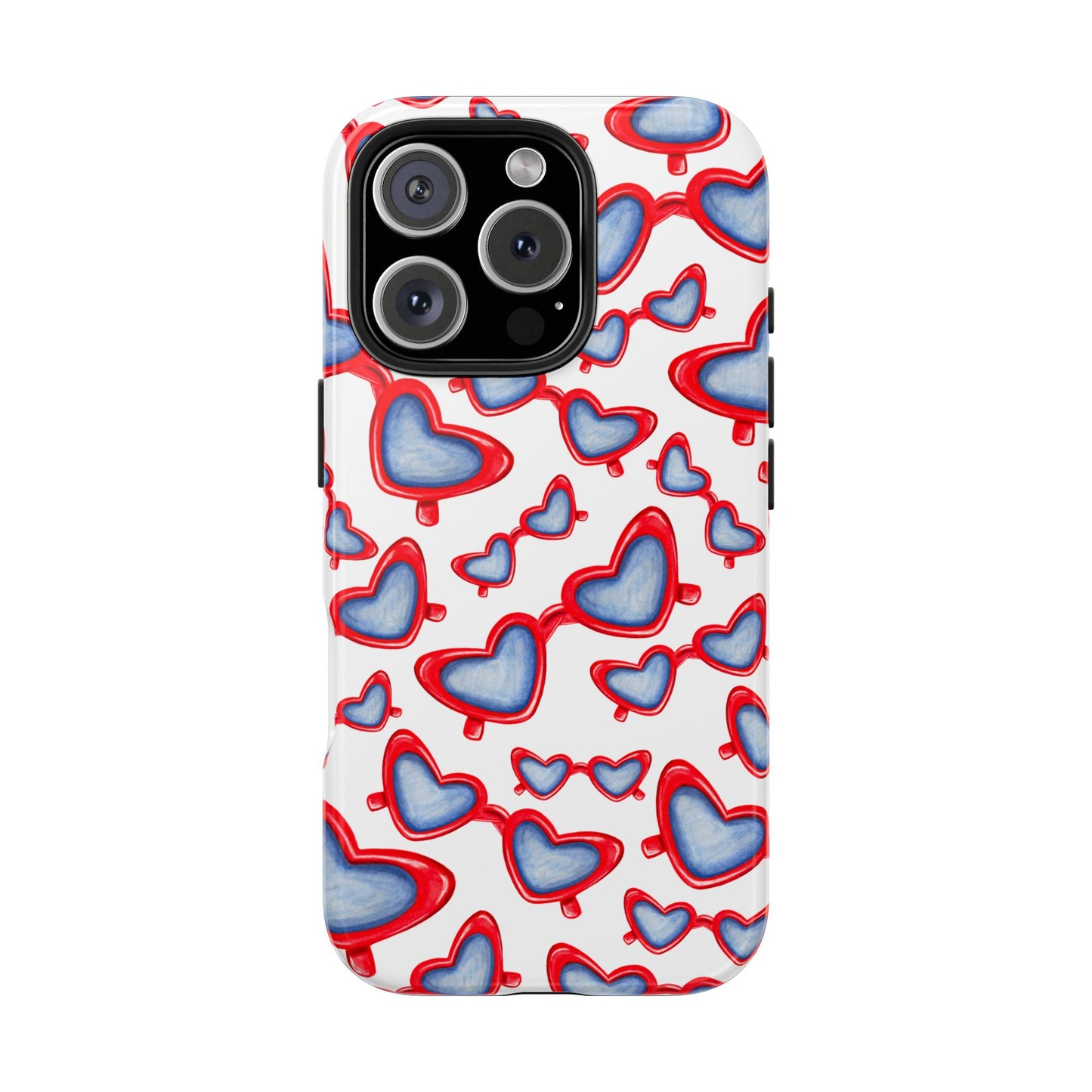 Red, White, & Blue Heart Shaped Watercolor Sunglasses Tossed Pattern Tough Phone Cases iPhone 16 Pro