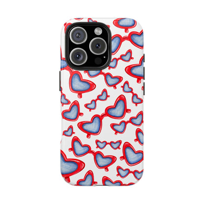Red, White, & Blue Heart Shaped Watercolor Sunglasses Tossed Pattern Tough Phone Cases iPhone 16 Pro