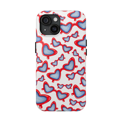 Red, White, & Blue Heart Shaped Watercolor Sunglasses Tossed Pattern Tough Phone Cases iPhone 15
