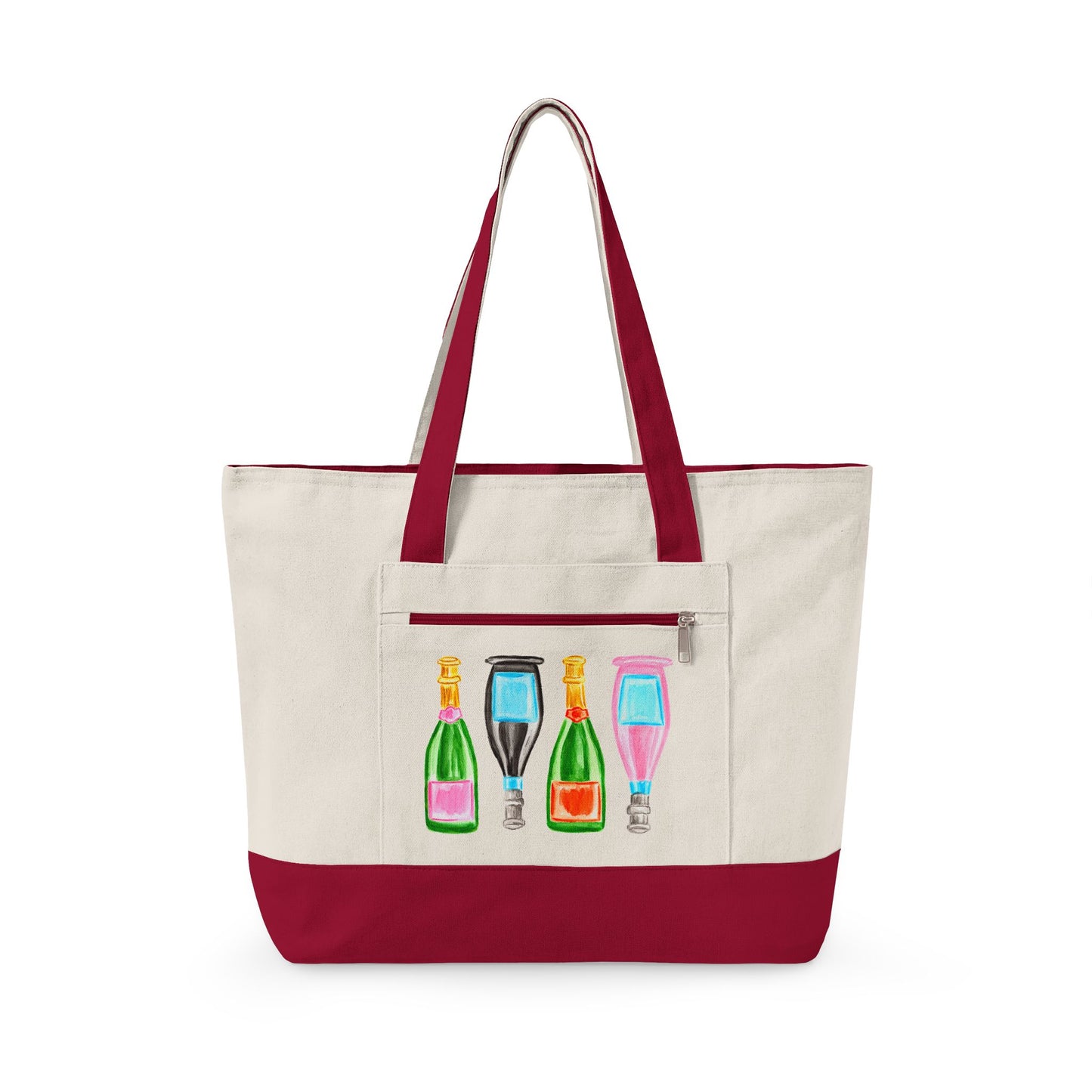 Canvas Book Tote | Pink & Green, Pink & Blue, Orange & Green Champagne Bottles Watercolor Printed Zippered Canvas Tote 18" x 14" | Various Colors