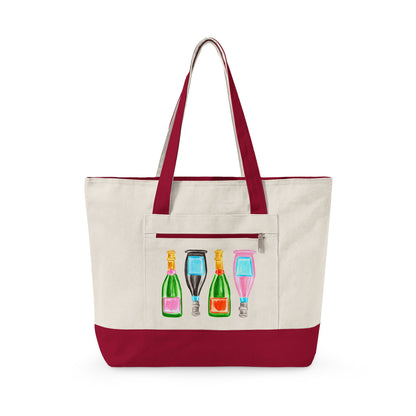 Canvas Book Tote | Pink & Green, Pink & Blue, Orange & Green Champagne Bottles Watercolor Printed Zippered Canvas Tote 18" x 14" | Various Colors