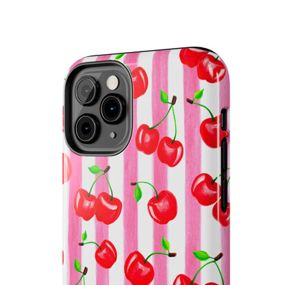 Tossed Red Watercolor Cherries Illustrated Pattern Light Pink Stripes Tough Phone Case | Various Models