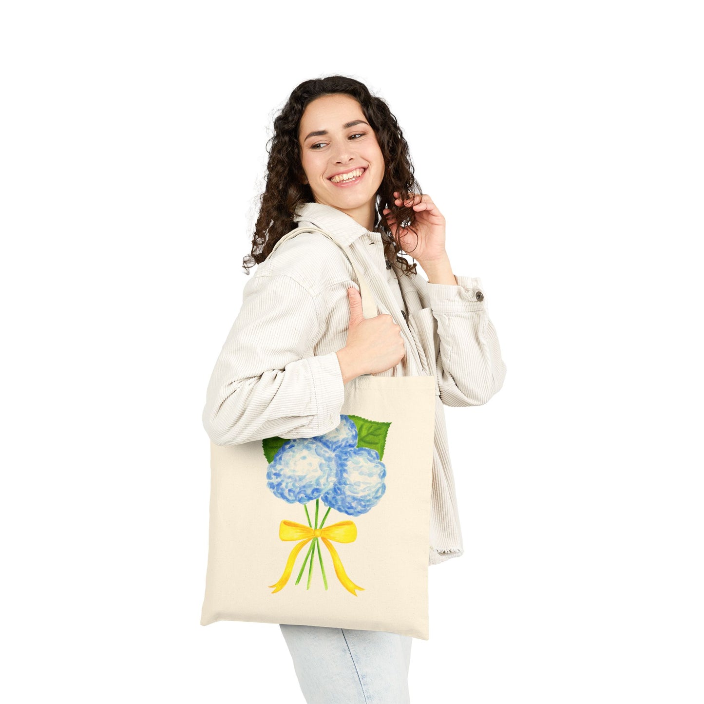 Canvas Book Tote | Blue Hydrangeas with Yellow Bow Watercolor Printed Farmers Market Tote | Coastal Preppy Gift