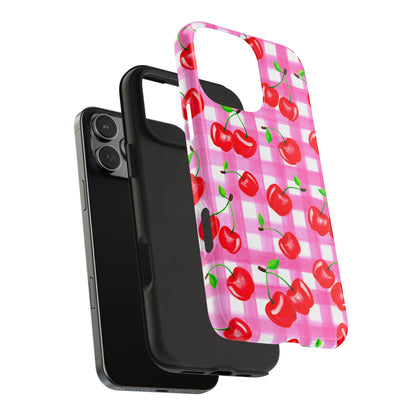 Tossed Red Watercolor Cherries Illustrated Pattern Light Pink Gingham Tough Phone Case | Various Models