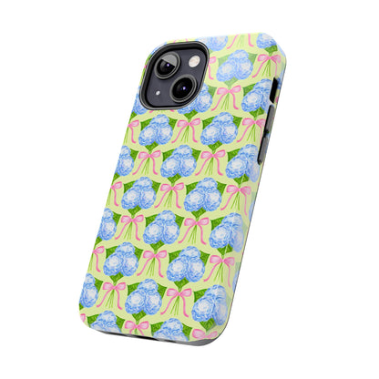 Blue Watercolor Hydrangea Bouquets with Light Pink Bows Watercolor Illustrated Patterned Yellow Tough Phone Case | Various Models