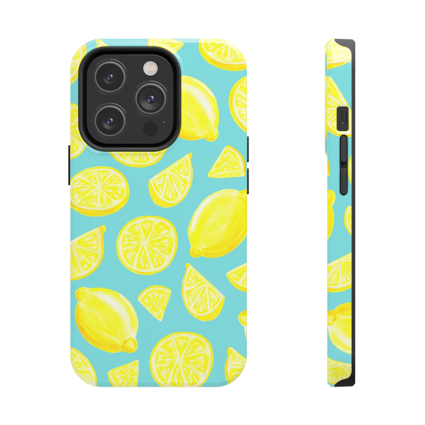 Bright Yellow Lemons Watercolor Illustrated Tossed Pattern Turquoise Blue Tough Phone Case | Various Models