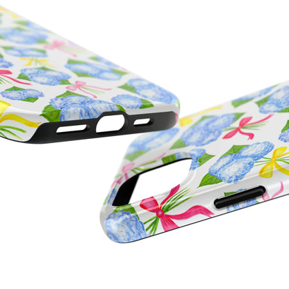 Blue Watercolor Hydrangea Bunches with Hot Pink, Yellow, Light Pink Bows Illustrated Patterned Tough Phone Case | Various Models