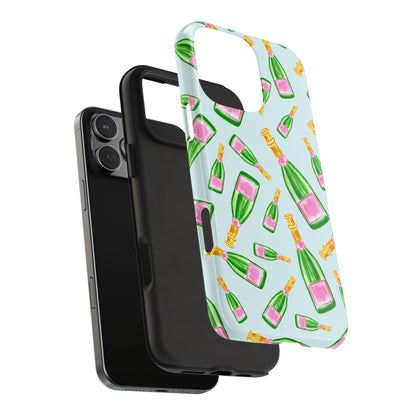 Tossed Pink and Green Watercolor Illustrated Champagne Bottles Pattern Light Blue Tough Phone Case | Various Models