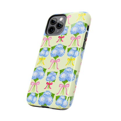 Blue Hydrangeas with Hot Pink, Yellow, Light Pink Bows Watercolor Illustrated Patterned Light Yellow Tough Phone Case | Various Models