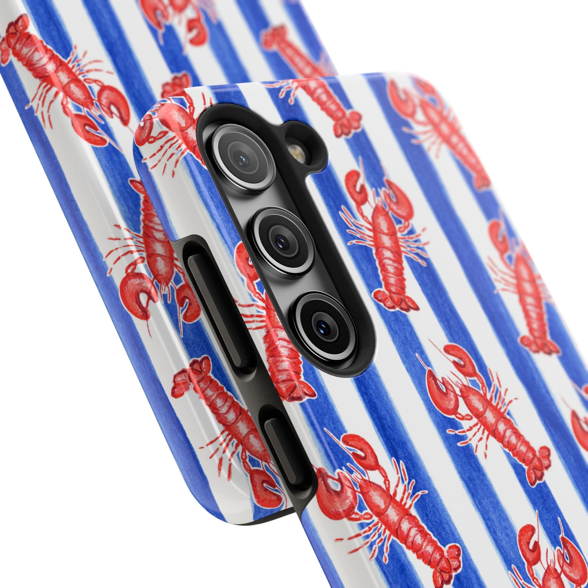 Blue & White Strip Red Lobster Watercolor Patterned Phone Case | Various Models