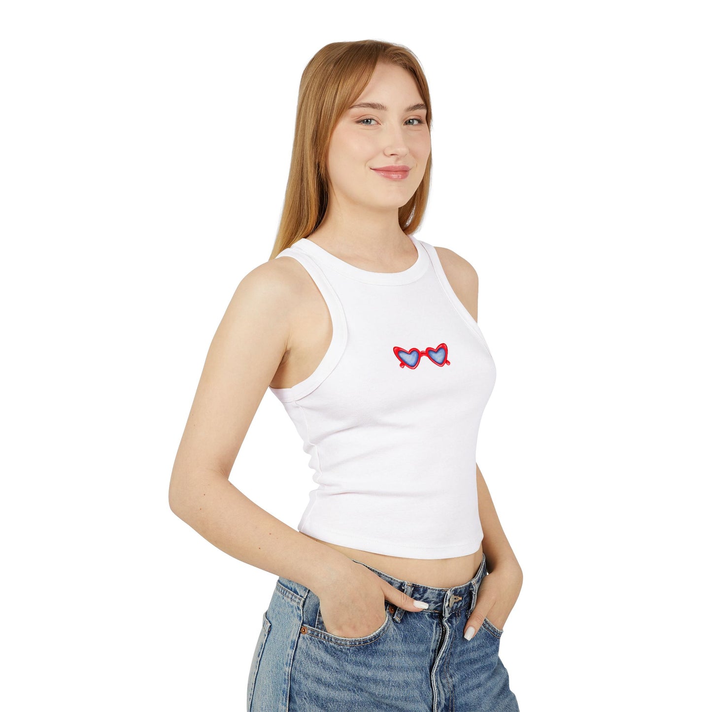 Red White & Blue Heart Shaped Glasses Printed Women's Micro Rib Racer Tank Top