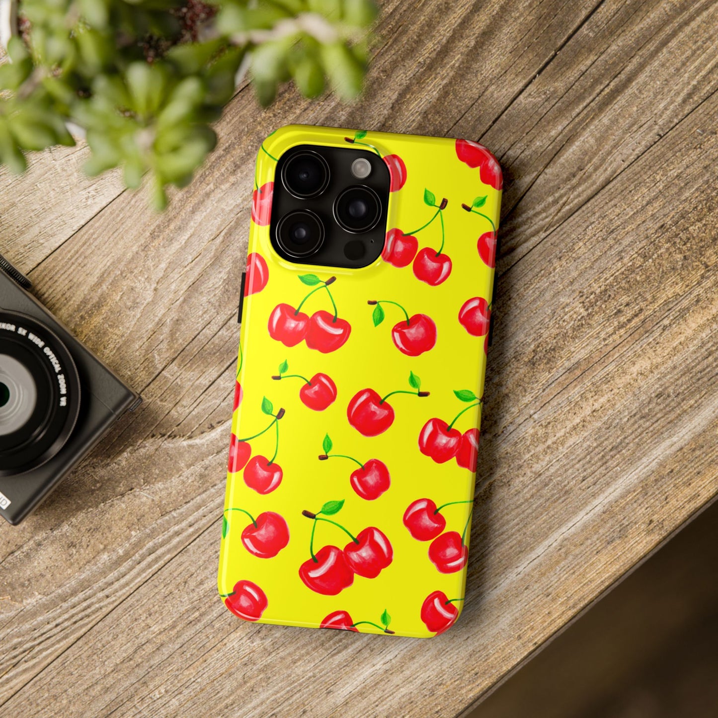 Tossed Red Watercolor Cherries Illustrated Pattern Bright Yellow Tough Phone Case | Various Models