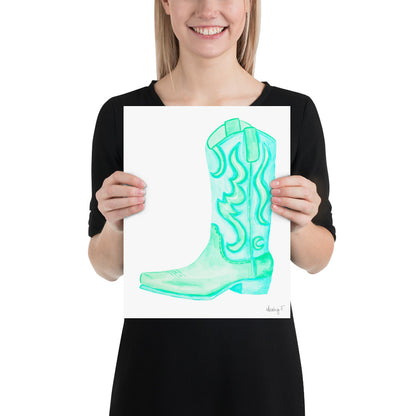 Print | Watercolor Mint Turquoise Cowboy Boot 11″×14″