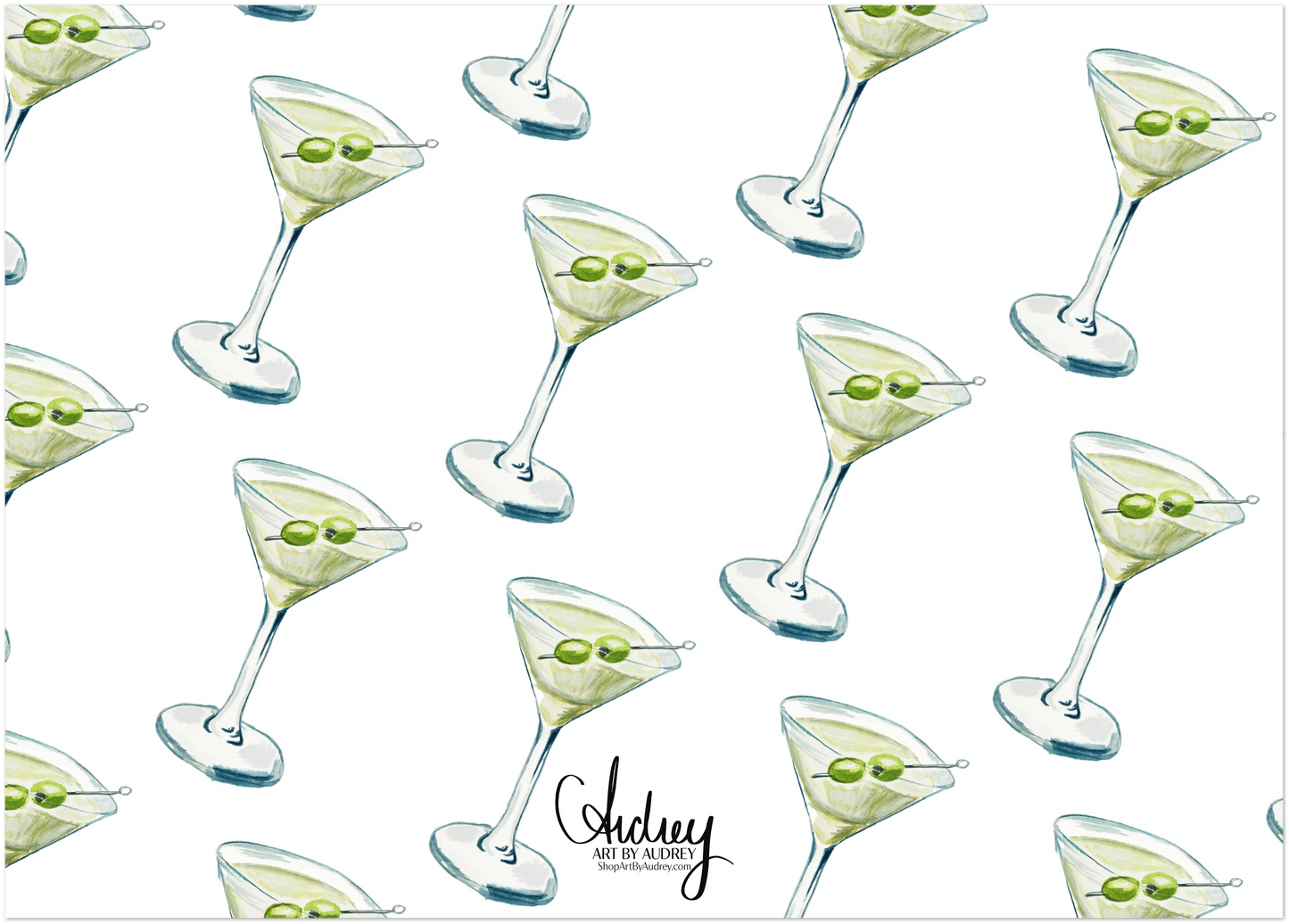 Personalized "Tini" Blue & Green Martini Watercolor Illustrated Stationery | Flat Notecards & Envelope Set of 10 | 2 Sizes