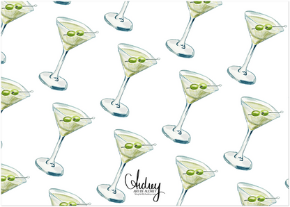 Personalized "Tini" Blue & Green Martini Watercolor Illustrated Stationery | Flat Notecards & Envelope Set of 10 | 2 Sizes