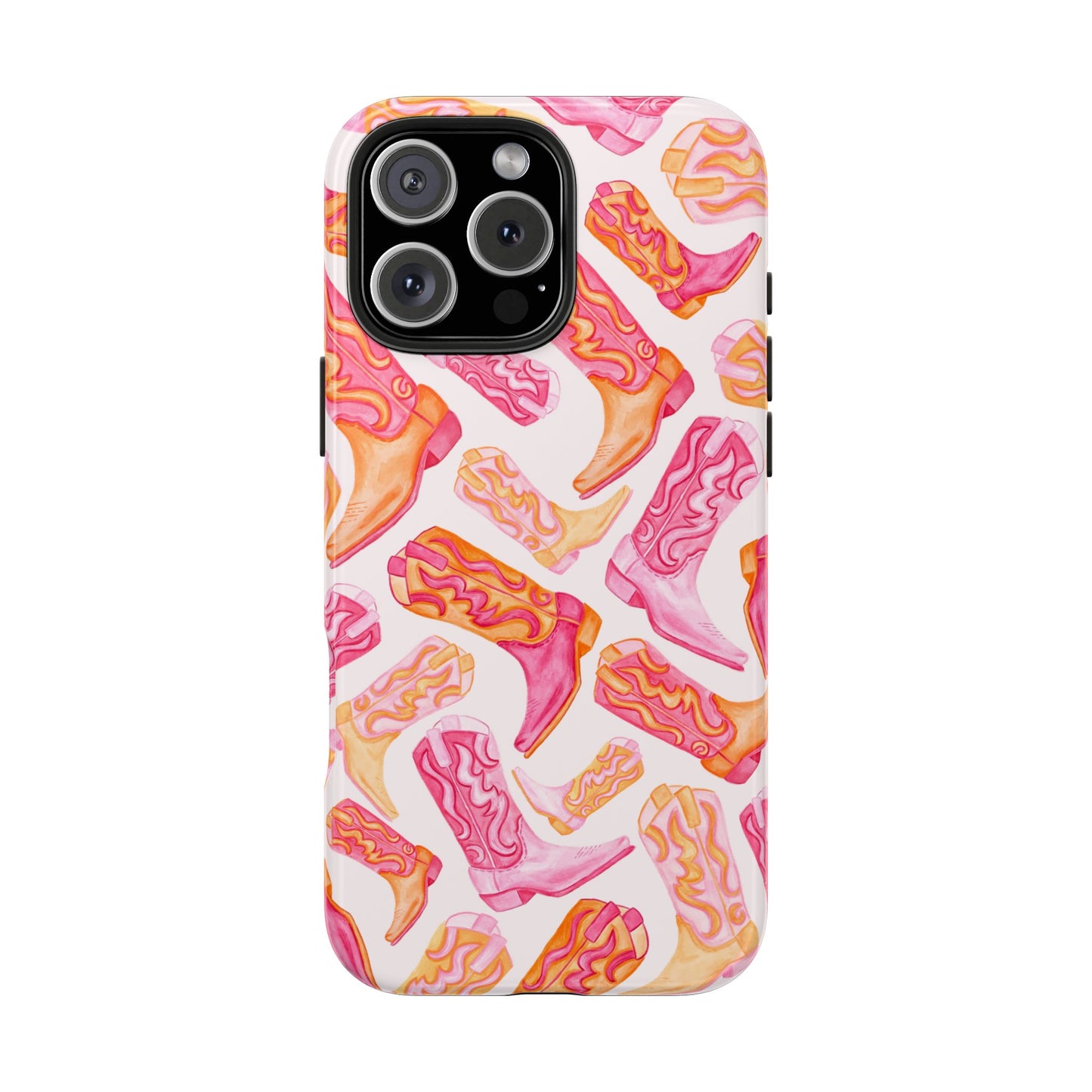 Tossed Hot Pink & Orange Watercolor Cowboy Boots Tough Light Pink Phone Case | Various Models Available iPhone 16 Pro Max