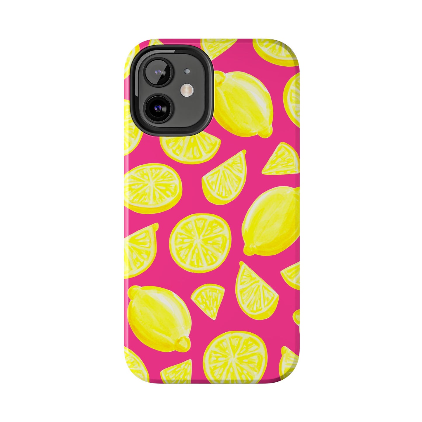 Bright Yellow Lemons Watercolor Illustrated Tossed Pattern Watermelon Pink Tough Phone Case | Various Models