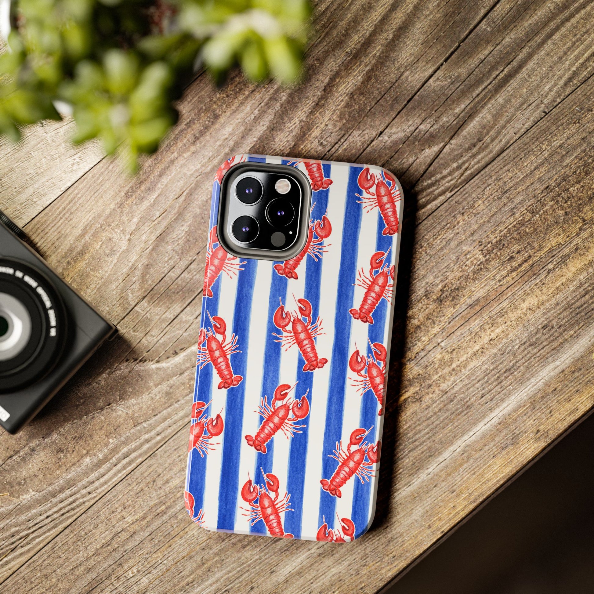 Blue & White Strip Red Lobster Watercolor Patterned Phone Case | Various Models