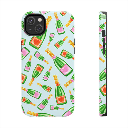 Tossed Pink and Green & Orange and Green Watercolor Illustrated Champagne Bottles Pattern Light Blue Tough Phone Case | Various Models