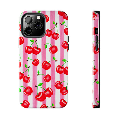 Tossed Red Watercolor Cherries Illustrated Pattern Light Pink Stripes Tough Phone Case | Various Models