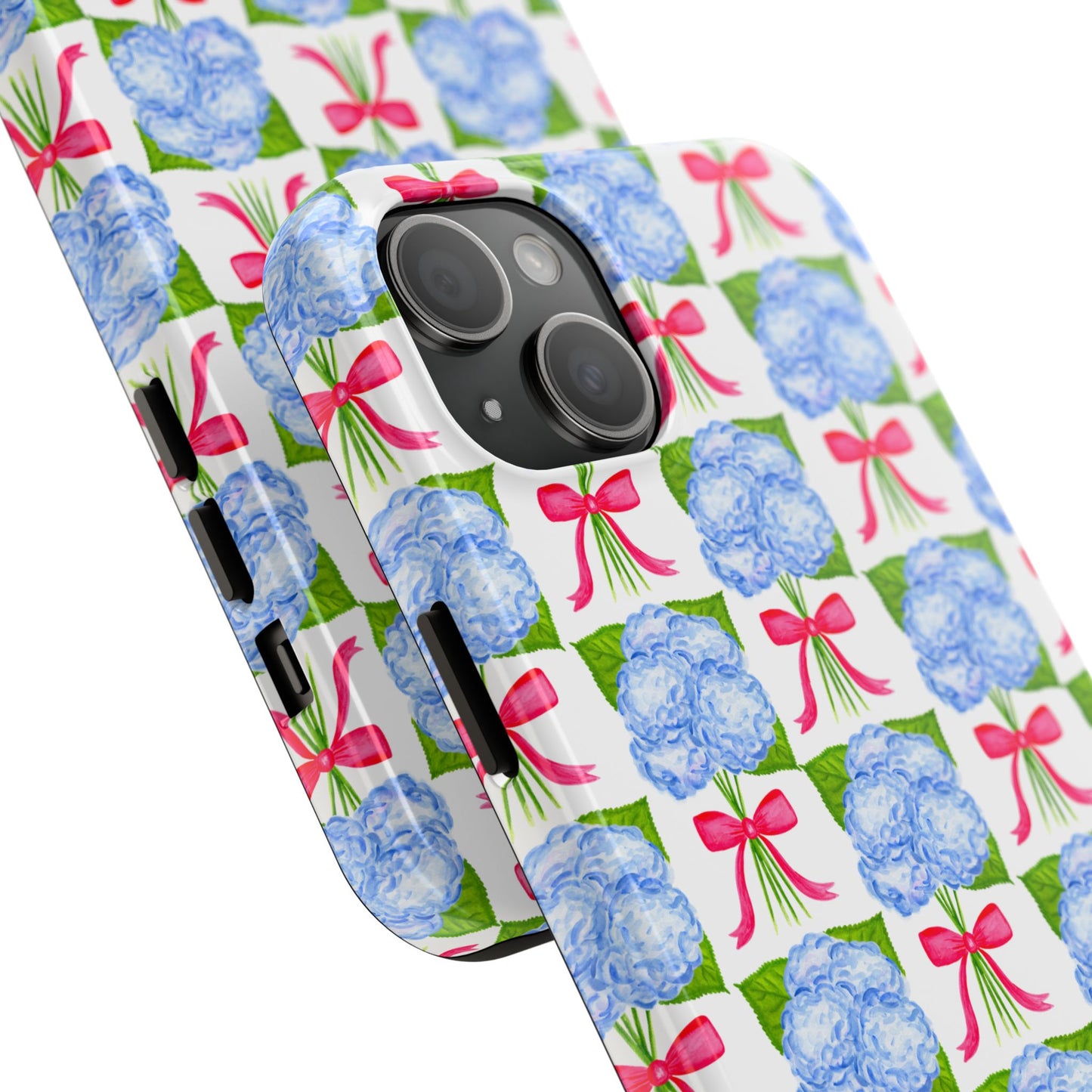 Blue Watercolor Hydrangea Bouquets with Hot Pink Bows Illustrated Patterned Tough Phone Case | Various Models